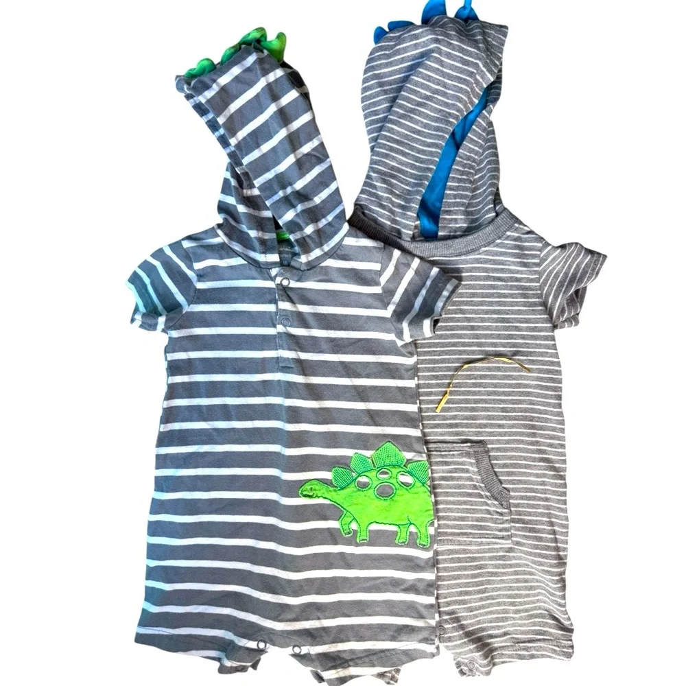 Summer Outfit Lot Short Sleeve Outfits Hooded Gray Soft Cotton Dinosaur
